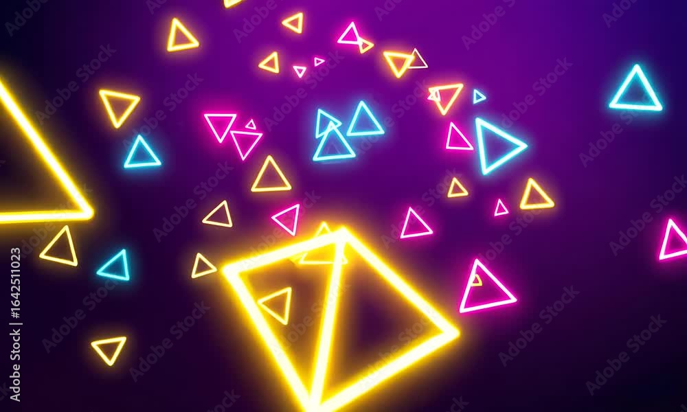 Aufkleber abstract background of glowing neon triangles in various colors floating against a dark purple backd