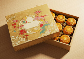 Chinese Festival Product Packaging Gift Box Mockup. Mooncake Packaging Branding Concept. September 18 Mid Autumn Festival