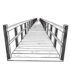 Hand drawn illustration of a wooden bridge leading to the horizon isolated on white background