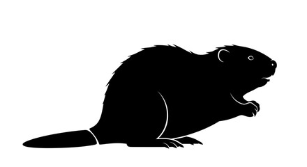 Detailed Black Silhouette of a Beaver on an Isolated White Background, Side View of Rodent Animal