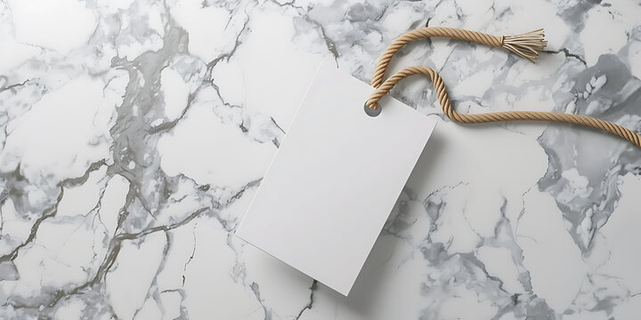 White tag with string on marble surface
