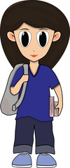Cartoon of a girl carrying a bag and a book