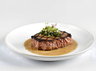 Exquisite Gourmet Beef Steak with Herb Garnish and Sauce