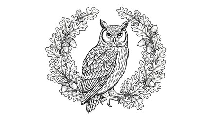 Elegant Owl Perched in a Decorative Oak Tree Branch Wreath with Acorns Coloring Page