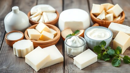 Fresh dairy products displayed on a rustic wooden table, highlighting natural and wholesome ingredients.
