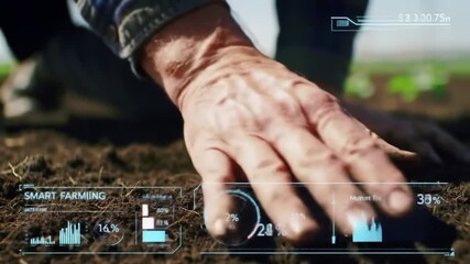 Hands inspecting soil with agricultural data overlay - Powered by Adobe