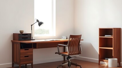 Minimalist office corner with wooden desk and chair, bathed in natural window light.