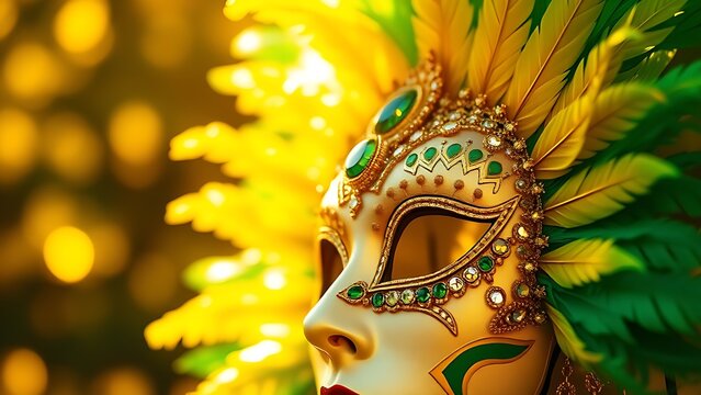 Golden-green feathered carnival mask with gemstones, representing Brazil Independence Day's festive luxury.