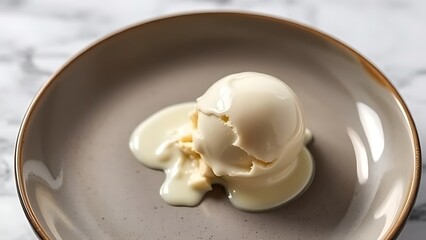 A single scoop of vanilla ice cream on a ceramic plate, showcasing creamy texture with subtle drips against a minimalist marble background.