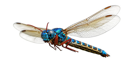 Closeup detailed illustration of a vibrant blue and red dragonfly with transparent wings, isolated on a transparent background