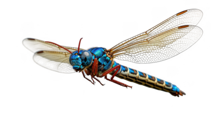 Closeup detailed illustration of a vibrant blue and red dragonfly with transparent wings, isolated on a transparent background