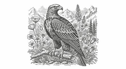 Majestic Eagle Standing in a Wild Mountain Landscape with Forest and Flowers, Coloring Page