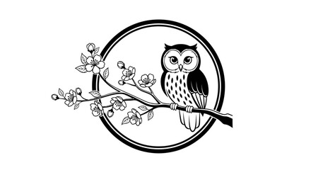 Wise Owl Perched on Cherry Blossom Branch in Elegant Circular Frame, Black and White Art with Isolated White Background