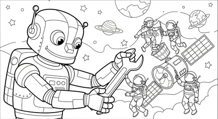 Friendly Robot and Astronauts Exploring Space and Fixing a Spaceship for Coloring Book