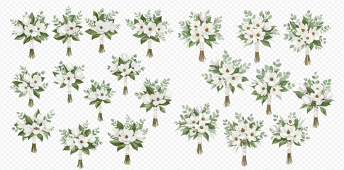 A collection of elegant watercolor bouquets with white anemone flowers and green eucalyptus leaves.