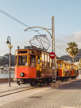 Vintage tram in a sunny landscape