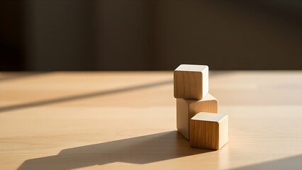 Wooden cube blocks arranged in progression on a smooth table, highlighted by soft natural lighting.