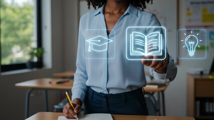 Education Technology empowers a Black female teacher as she engages with holographic learning icons and writes in a modern classroom, embodying the interactive future of digital knowledge. - Powered by Adobe