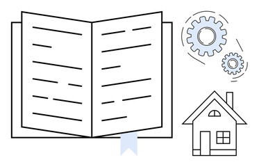 Open book with a bookmark, gears symbolizing ideas and creativity, and a simple house icon. Ideal for education, innovation, planning, knowledge, home study, productivity simple flat metaphor