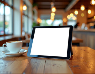 sleek tablet lying on a rustic cafe table, blank white screen