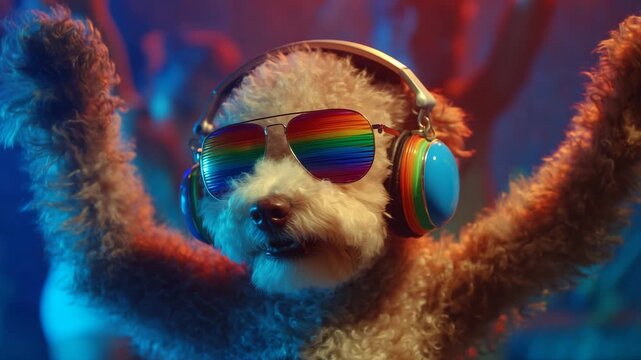 Party-loving dog with rainbow headphones and reflective sunglasses dancing at a rooftop night party,