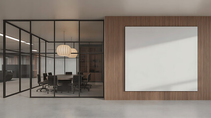Modern office interior with glass partitions and a blank frame on a slatted wooden wall