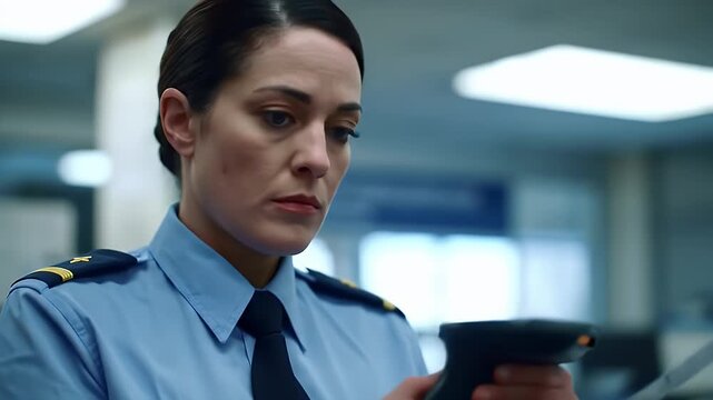 Female security officer scans boarding pass with barcode reader in airport checkpoint,