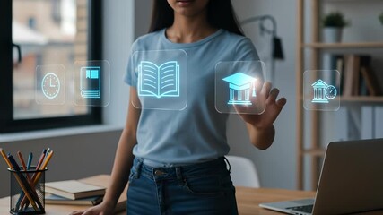 A young adult woman engages with holographic technology, accessing online education and digital learning resources, highlighting future opportunities for students in virtual academic environments.