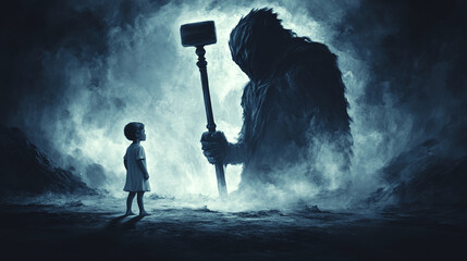 Obraz premium Child facing towering dark figure with gavel symbolizing unjust treatment of the innocent