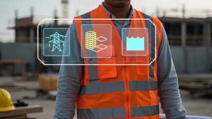 Smart Infrastructure Management: Adult engineer uses holographic interface with digital twin data for power, BIM, and water utilities on construction site, representing technology innovation. - Powered by Adobe