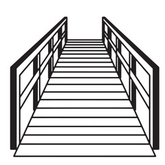 Simple black and white illustration depicting a bridge with handrails and wooden planks