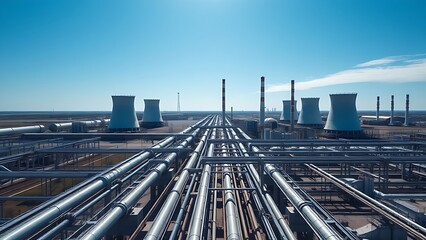 Aerial view of an industrial complex with steel pipelines and cooling towers under a clear blue sky.