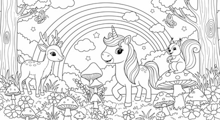 Magical Forest Landscape with Happy Unicorn, Deer, and Squirrel under a Rainbow, Outline for Coloring