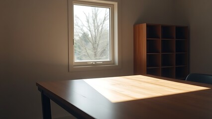 Minimalist wooden desk bathed in morning sunlight, offering a clean and inspiring workspace.