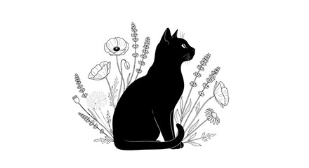 Elegant Black Cat Sitting Amongst Wildflowers, Nature Inspired Outline Art
