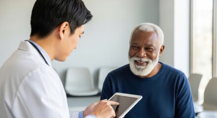 A doctor shows a tablet to a smiling elderly patient during a medical consultation