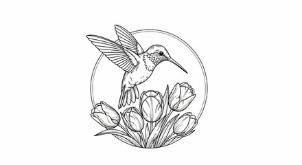 A hummingbird hovers above a cluster of tulips, depicted in a detailed monochrome illustration.