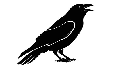 Black Crow Bird Silhouette Standing with Open Beak on Isolated White Background