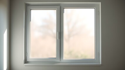 Closed window with soft natural light filtering through, minimalistic room setting.