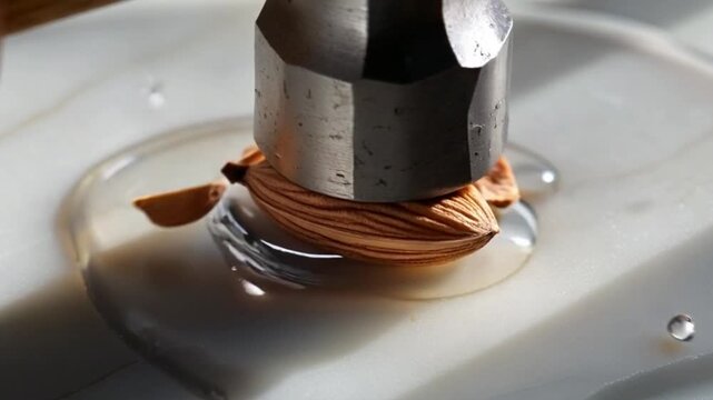 Almond Being Cracked by Metal Press with Oil in Close Up