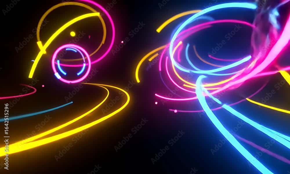 Poster abstract neon light tunnel motion design with bright and colorful glowing dynamic lines in a dark bl