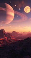 Illustration of the planet Saturn from the surface of another planet