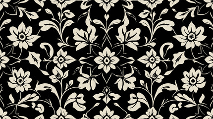 A symmetrical floral pattern featuring stylized flowers and leaves against a black background.