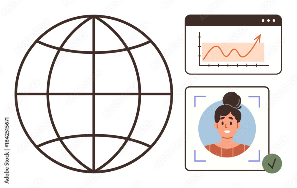 Poster globe with web lines, upward graph in browser, woman s face in id recognition frame. ideal for techn