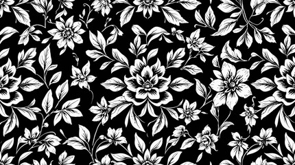 Fototapeta premium Elegant monochrome floral pattern featuring intricately detailed blossoms and leaves on a dark background.