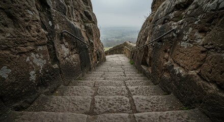 Ancient Stone Staircase Descends Between Towering Moss-Covered Rocks Towards Misty Valley