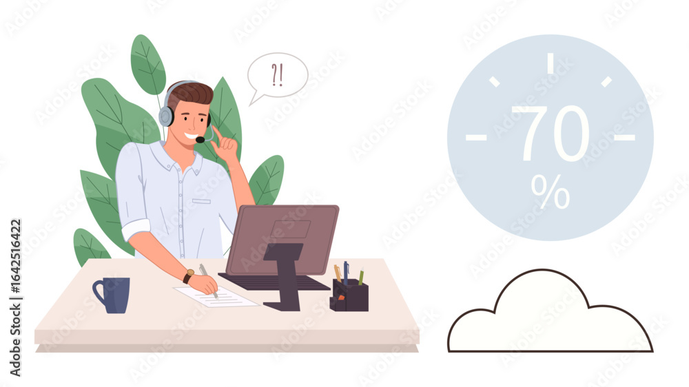 Poster customer service agent with headset, speaking at desk while analyzing 70 cloud storage usage. ideal 