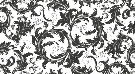 Elegant black and white damask floral pattern, intricate swirls and leaves, repeating design, ornate background texture.