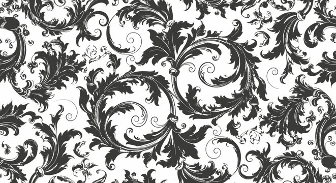 Elegant black and white damask floral pattern, intricate swirls and leaves, repeating design, ornate background texture.