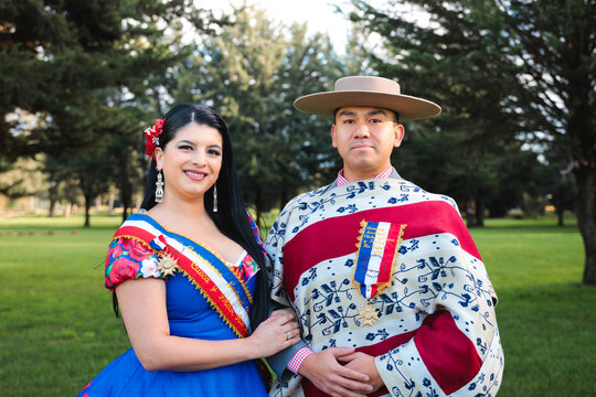 Cueca Dance Partners in Traditional
 Folk Costumes